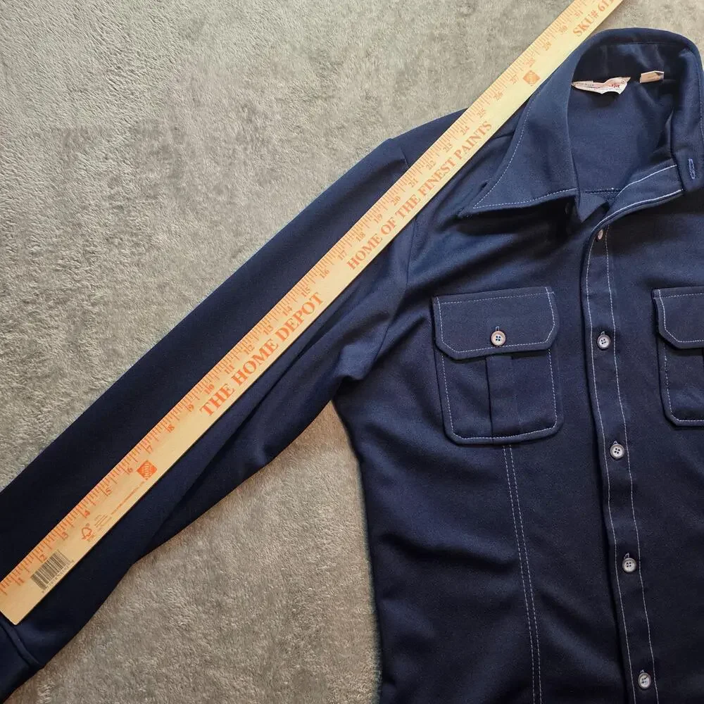 Wrangler Vintage Button Up Shirt Mens L Blue Trevira Polyester Long Sleeve USA
